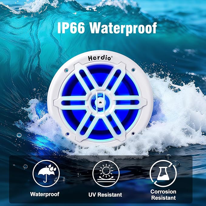 Herdio 6.5" 350W Marine Speakers - IP66 Waterproof Coaxial Audio, with Blue LED Light for Boats, ATVs, UTVs with UV Resistant White Grille (A Pair)