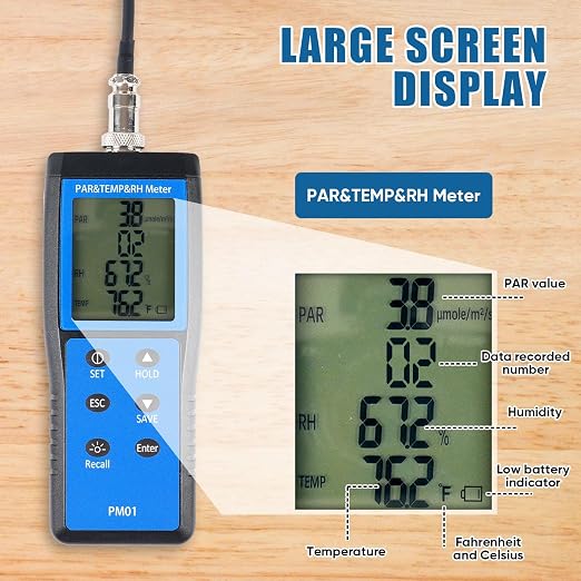 Quantum PAR Meter with 36 inch Telescopic Wand for LED Testing in Grow Room | 400-700nm Wavelengths Range, Temperature and Humidity Display, PPFD Meter for Easy Testing in Tent, Room, Greenhouse