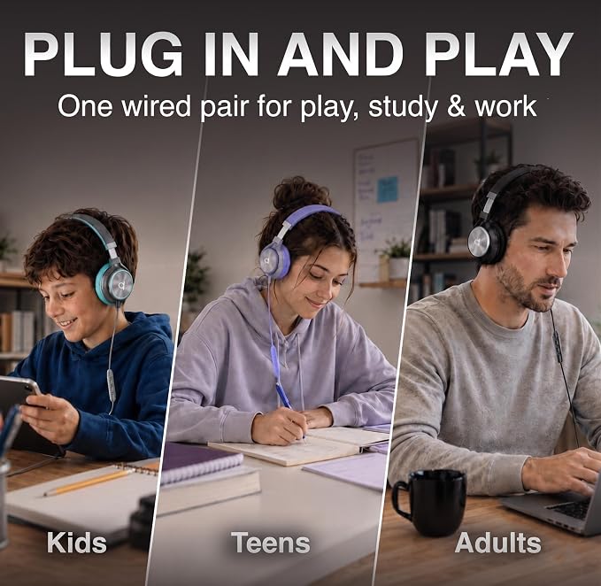 ARTIX CL750 Adults & Kids Headphones with Cord, Microphone & Volume Control - Wired Headphones with Mic, Plug In Teens Corded Head phones Wire for Laptop, Computer, Chromebook, iPad & Tablet 3.5mm Aux