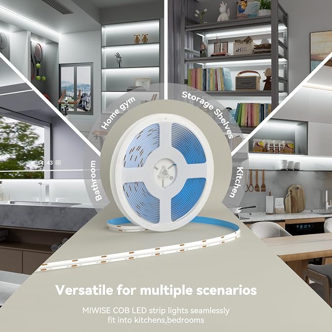 MIWISE COB LED Strip,6000K Daylight White 20ft/6.1m,Dimmable Super Bright 24V LED Strip Light,CRI 90+ Flexible Tape Light with RF Remote Timer Function,for Home/Cabinet/Bedroom DIY Lighting Project