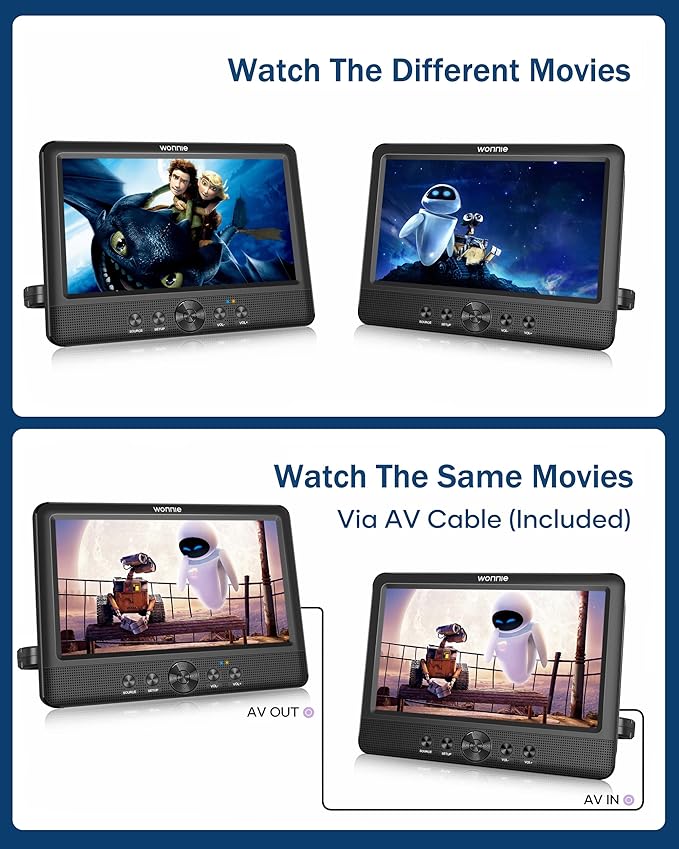 WONNIE 10.5" Two DVD Players Dual Screen for Car Portable CD Player, Play a Same or Two Different Movies with Two Mounting Brackets, 5-Hour Rechargeable Battery, Support USB/SD Card Reader