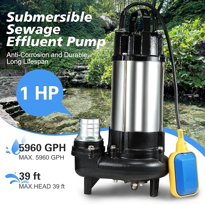NLIEOPDA 1HP Sewage Grinder Sump Pump, Submersible Effluent Pumps 110V 6400 GPH Auto Float Switch, Cast Iron, 2'' NPT Discharge for Basement, Sump Basin, Residential Sewage