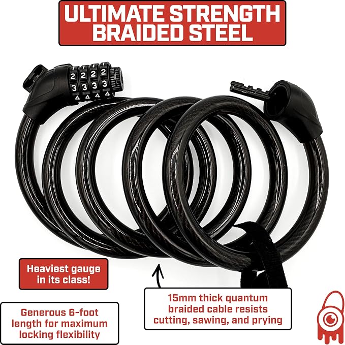 THICKEST Cut Resistant Heavy-Duty Bike Cable Lock – 15 Gauge, 6’ Long Steel Cable – Maximum Anti-Theft Security for Bicycles, Scooters, Gates & Outdoor Gear