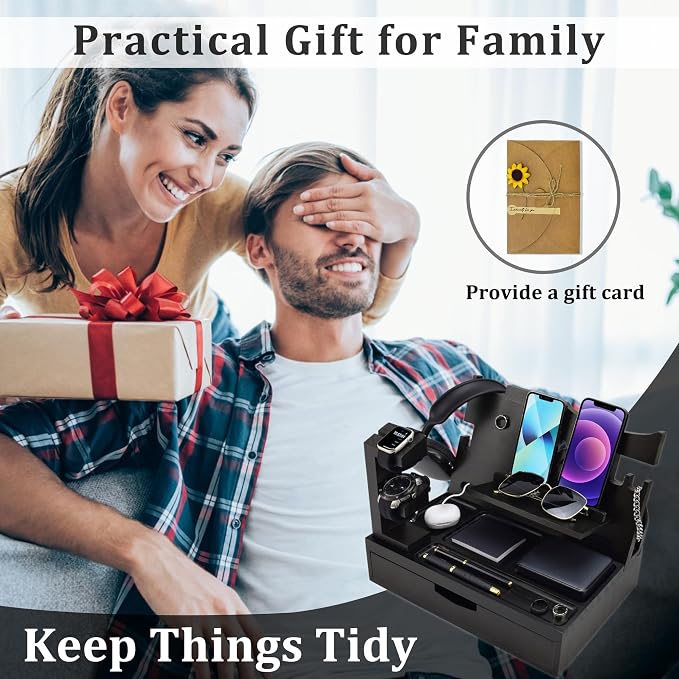 Nightstand Organizer for Men with Large Drawer, Wood Phone Docking Station for Phone, Apple Watch, Wallet & Keys, Ideal Birthday Gift for Father Husband Wife, Bedside Desk Organizer (Black)