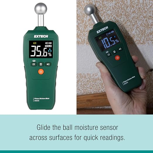 Extech MO57A Compact Pinless Ball Probe Moisture Meter - Non-Destructive Spherical Sensor Tester for Water Damage, Wood and Drywall, Up to 4-Inch Depth Detection with Audible Alert
