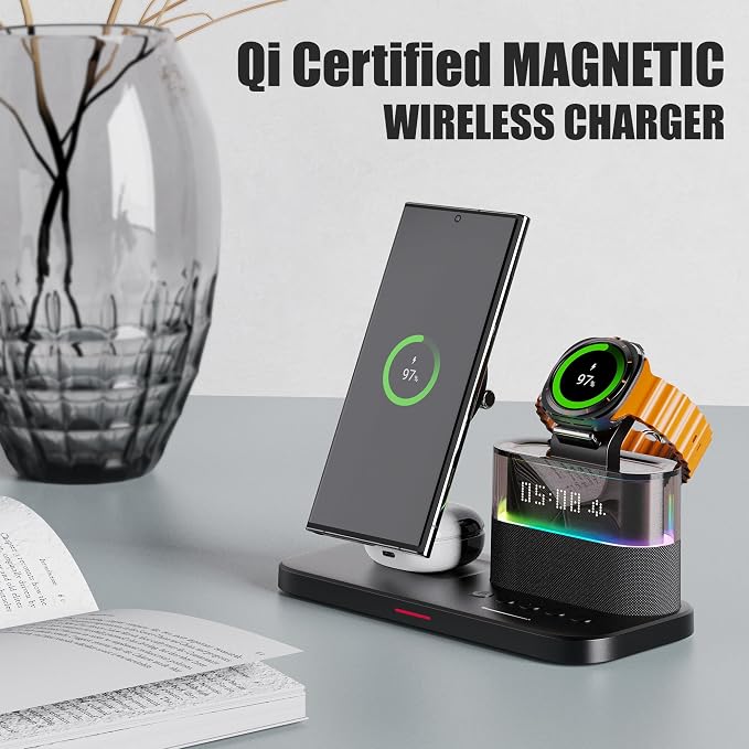 Magnetic Charger for Samsung, 5 in 1 Wireless Charging Station with Alarm Clock for Samsung Galaxy S25 Ultra/S24/S23/S22, Galaxy Watch 8/7/6/4/5, Galaxy Buds/Pro, Black