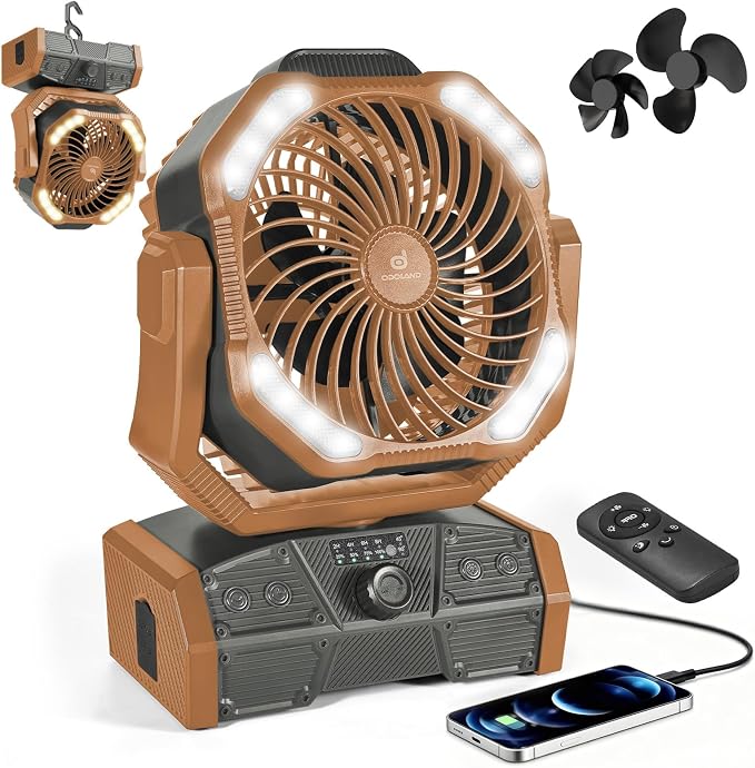 Odoland 40000mAh Camping Fan with LED Light, Battery Operated Oscillating Desk Fan with Remote & Hook, Rechargeable Outdoor Tent Fan with Timer for Hurricane Power Outage Travel Jobsite RV, Khaki