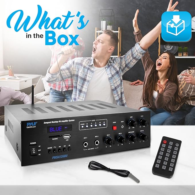 Pyle Public Address Amplifier - 500W Compact Digital Receiver w/ 70V 100V Output, Dual Mic Input, USB-A Input w/ MP3 Player, FM Radio, RCA | Home, Continuous Volume and Commercial | PMSA126BU