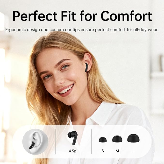 Adaptive Hybrid Active Noise Canceling 2026 Wireless Earbuds, 6 Mics ENC Clear Call Ear Buds, Hi-Res Audio Deep Bass Bluetooth 5.4 Headphones, 40H Playtime, LED, for Sports Running Gym Workout, Black