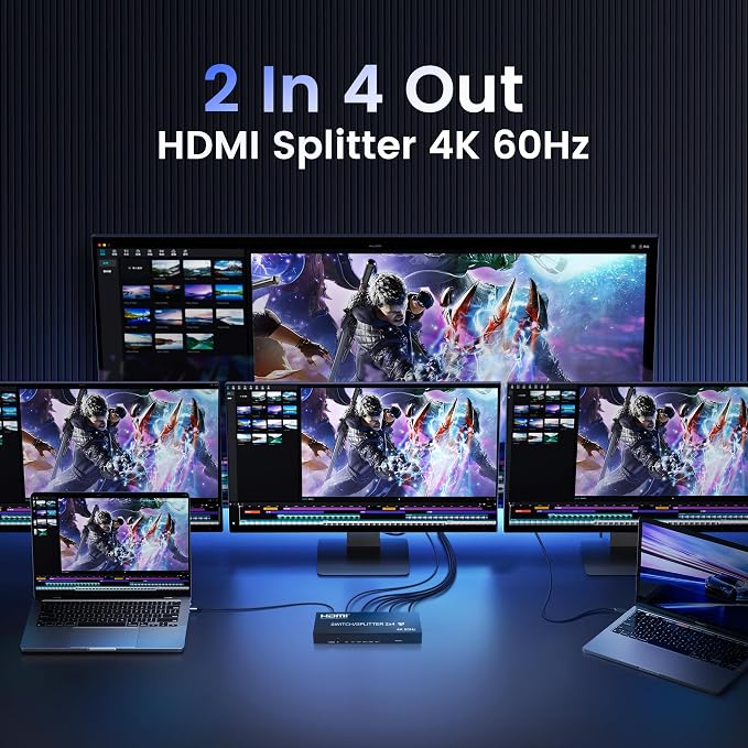 4K@60Hz HDMI Switch Splitter 2 in 4 Out with Remote, avedio Links 2x4 HDMI Splitter Switcher 4K with SPDIF & 3.5mm Audio,Support 4K,3D,1080p,HDCP2.2,HDR 10 for PS5/4,Xbox,Fire Stick,etc