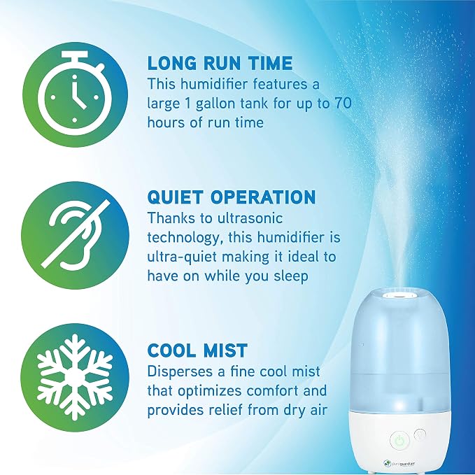 PureGuardian Ultrasonic Cool Mist Humidifier with Aromatherapy Tray, 70-Hour Run Time, 1-Gallon Tank Capacity, 320 Sq. Ft. Coverage for Small Rooms, Quiet Operation, H975AR