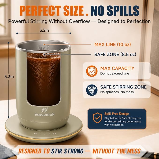 Self Stirring Heated Coffee Mug, 10 oz Auto Magnetic Mixing Cup, SageGreen | 304 stainless steel interior. Includes 3 heat settings, 8H auto shut-off, plug-in base for home office desk