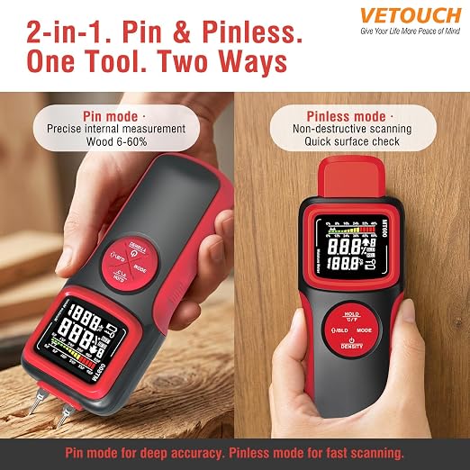 2 in 1 Pin & Pinless Wood Moisture Meter, Digital Moisture Detector with LCD Display & Alarm, Temperature Humidity Tester for Wood, Building Materials, Firewood, Walls, Floors, Home Renovation