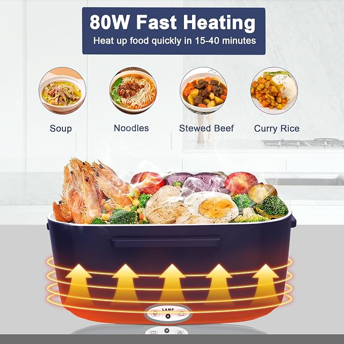 Electric Heated Lunch Boxes Adults: 80W Electric Lunch Box Food Heated 12/24/110V 1.5L Heatable Lunch Box for Car/Truck/Office Leak-Proof Stainless Steel Container, Fork & Spoon, Bag (Blue+White)