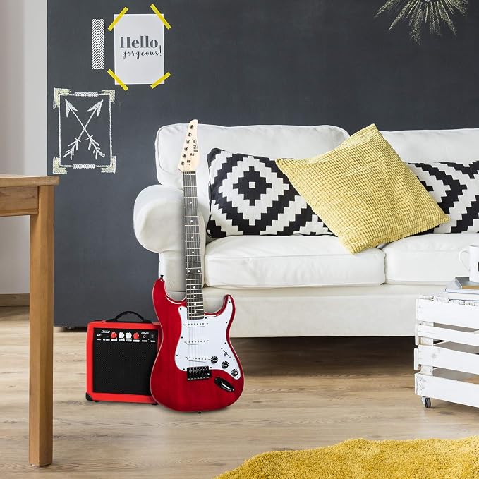 LyxPro Electric Guitar Amp 20 Watt Amplifier Built in Speaker Headphone Jack and Aux Input Includes Gain Bass Treble Volume and Grind - Red