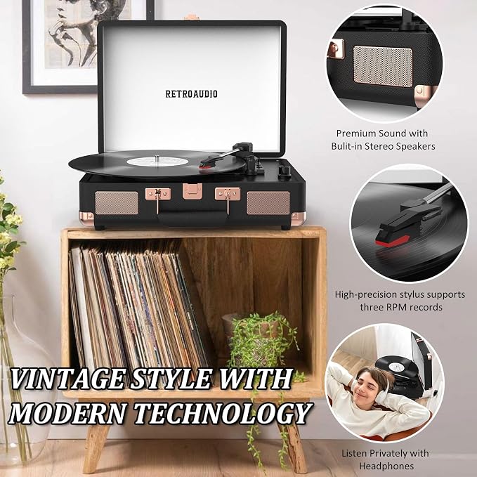 Vinyl Record Player 3 Speed Bluetooth Portable Suitcase Belt-Driven Record Player with 2 Built-in Stereo Speakers Vinyl Vintage Turntable Records Player with RCA Line Out AUX Out (Black&Rose Gold)