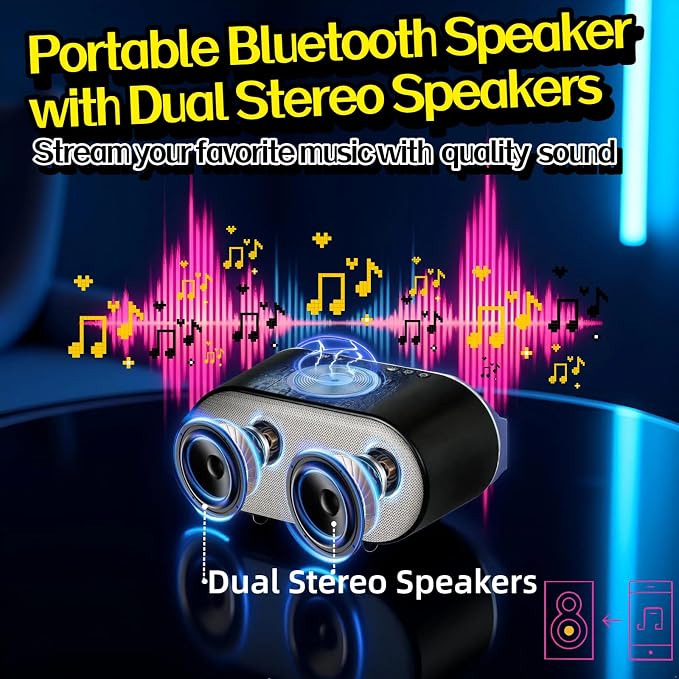 5-in-1 Portable Bluetooth Speaker with Dual Stereo Speakers, RGB LED Atmosphere Table Lamp, 15W Wireless Charging Station, Dimmable Clock, Foldable Phone Stand, Teen Boy Girl Trendy Stuff Gift