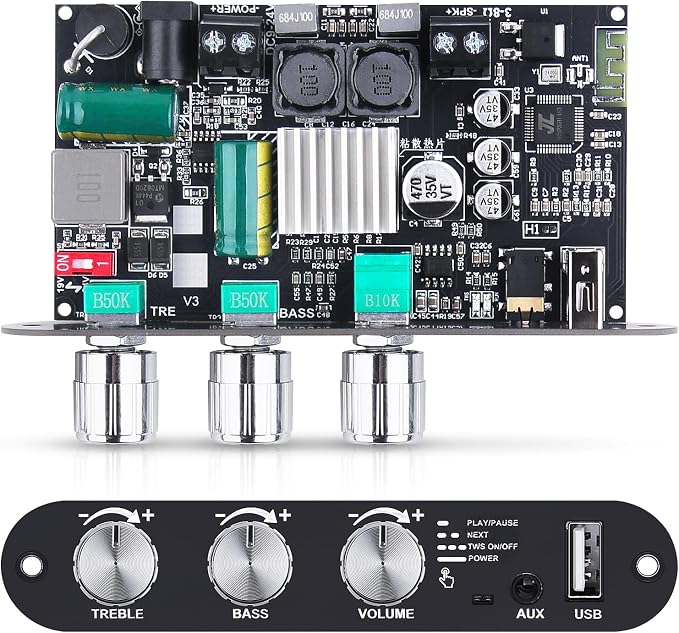 2 Pack ZK-1001U Bluetooth 5.3 Mono Amplifier Board with TWS & Boost Circuit, Mini Audio Amp for Home Outdoor DIY Speakers with 100W Power Output, Treble and Bass, USB/AUX/BT Input, DC 9-24V