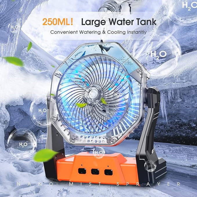 Ausic Portable Misting Camping Fan, 8" Outdoor Cooling Fan with LED Light, Water Spray, Hook, [Max 35H] Battery Operated Rechargeable Fan for Sports Sidelines, Patio, Beach, Tent, Travel