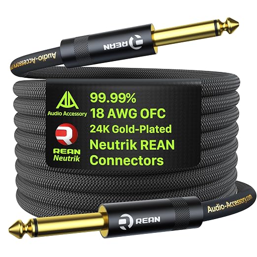 AA AUDIO ACCESSORY Pro Series Guitar Cable 20 ft, Gold-Plated Neutrik REAN Connector, 18 AWG 99.99% OFC, Low Capacitance Straight to Straight 1/4 Inch Instrument Cable for Fender Ernie Ball Mogami