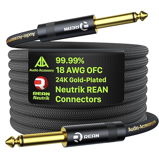 AA AUDIO ACCESSORY Pro Series Guitar Cable 6 ft, Gold-Plated Neutrik REAN Connector, 18 AWG 99.99% OFC, Low Capacitance Straight to Straight 1/4 Inch Instrument Cable for Fender Ernie Ball Mogami
