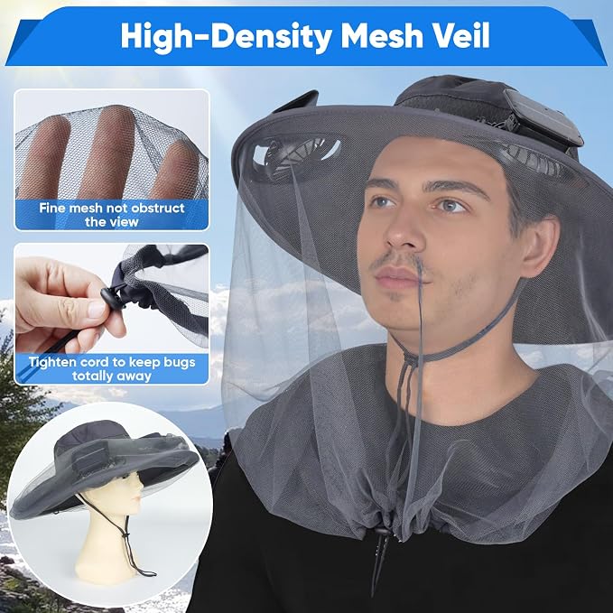 Wide Brim Sun Hat with Solar Fan, Solar Powered Fan Hat with Mosquito Head Net, Men & Women Cooling Cap for Outdoor