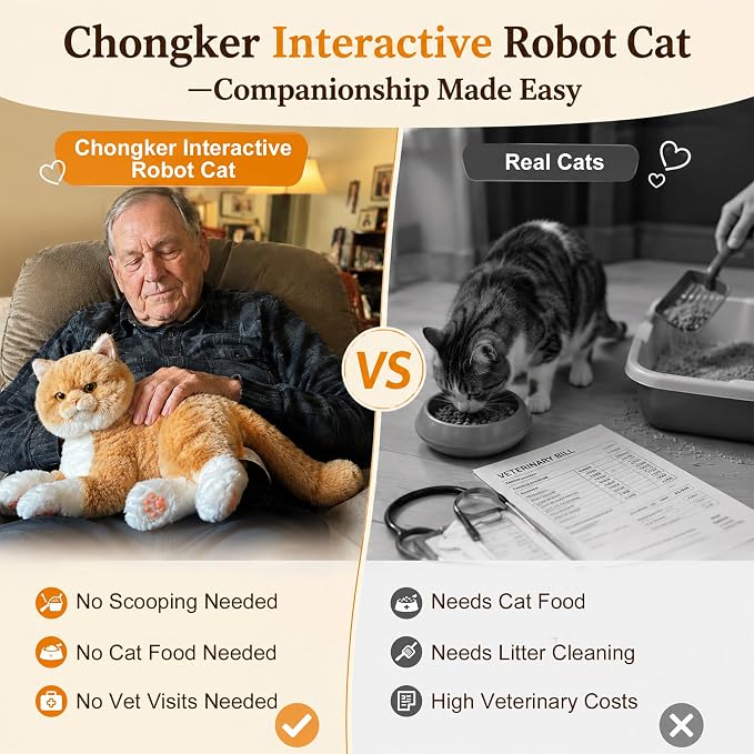 Chongker Realistic Interactive Robot Cat Plush for Seniors, Companion Stuffed Cat with Meowing, Purring, Heartbeat Vibration & Voice Response, Soft Robotic Cat for Relaxation and Emotional Comfort