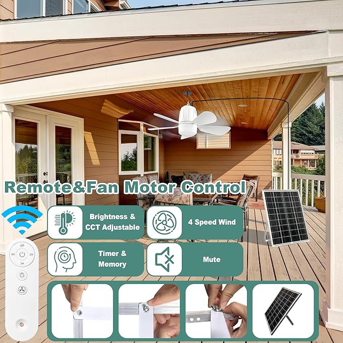 Gliztech Solar Ceiling Fan Light, 20000mAh Portable Gazebo fan with 30W Solar Powered Fan with Remote Control, Outdoor Ceiling Fan with Light for Patios, Canopy, Shed, RV, Porch and Chicken Coop