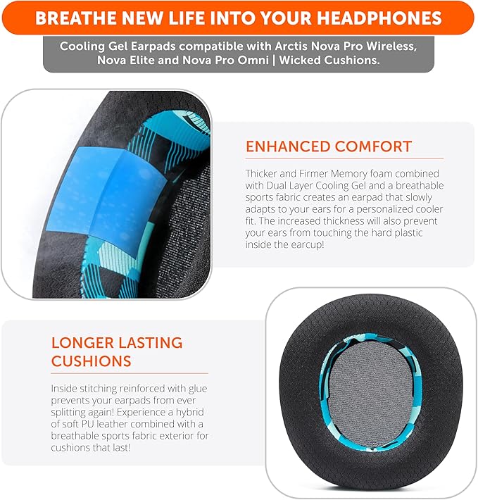 WC Freeze Nova Pro Wireless - Cooling Gel Earpads for Arctis Nova Pro Wireless, Nova Elite & Nova Pro Omni (Doesn’t Fit Other Models), by Wicked Cushions, Extra Thick & Comfortable | Cyan Prism