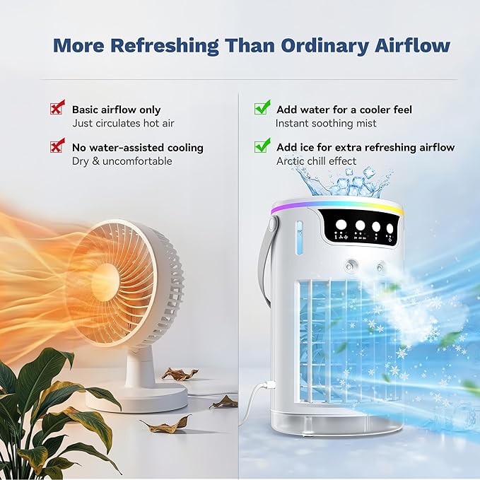 Portable Air Conditioners Desktop AC Unit with Water Ice Cooling Mist, Personal Evaporative Air Cooler Fan Mini Swamp Cooler for Bedroom, Nightstand, Office, Dorm, RV (White)