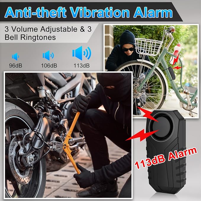 Bike Alarm with 2Remotes, USUPERINK 113dB Bike Alarm Wireless Vibration Motion Sensor for Electric Bike Motorcycle Golf Car Trailer Mailbox Garage Door IP65 Waterproof Home Security Bike Accessories