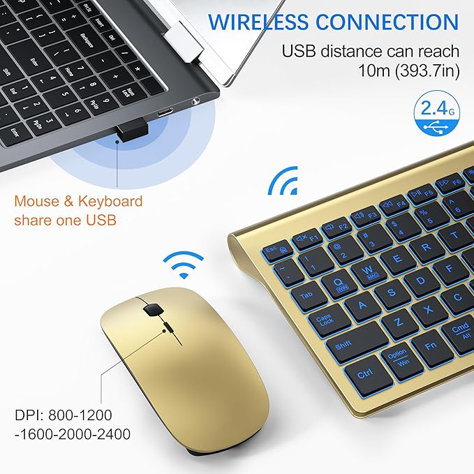 Wireless Keyboard and Mouse Ultra Slim Combo, TopMate 2.4G Silent Compact USB 2400DPI Mouse and Scissor Switch Backlit Keyboard Set, for PC/Laptop/Windows/Mac/Gaming - Gold Black