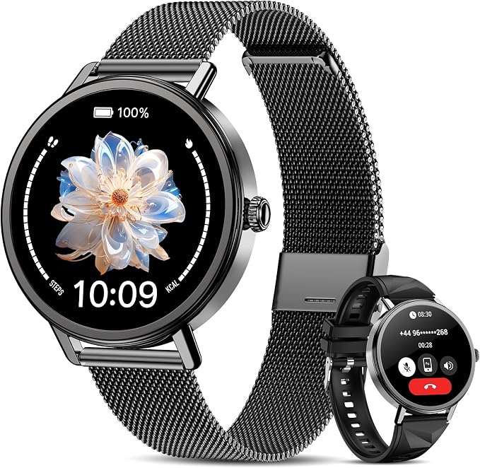 Smart Watches for Women Android / iPhone, 1.26" AMOLED Fitness Tracker with Bluetooth Calls, 8 Days Battery Life/Heart Rate Monitor/100+Sports Model, IP68 Waterproof Women's Smartwatches(2 Bands)