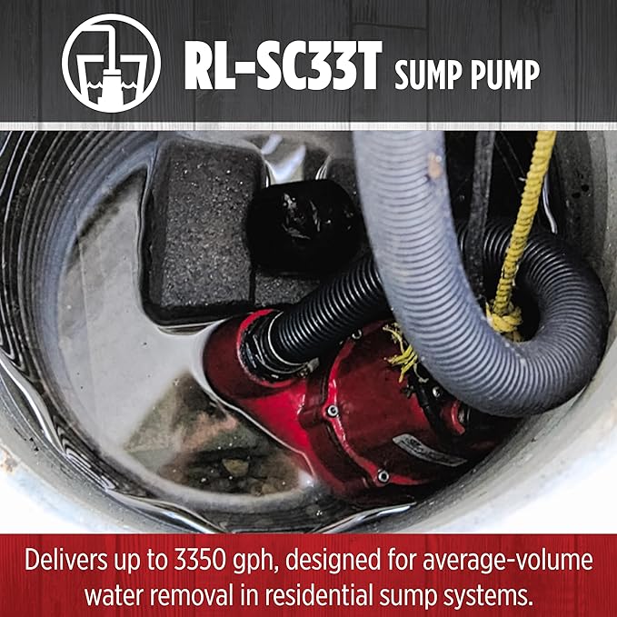 Red Lion RL-SC33T Submersible Water Pump, Heavy Duty Automatic Sump Pump with Tethered Float Switch, 1/3 HP, 3350 GPH, Cast Iron