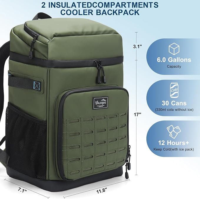 Cooler Backpack Insulated Waterproof for Men and Women, 2 Insulated Compartments Backpack Cooler for Beach Travel Camping, Portable Lightweight (Green, Large)