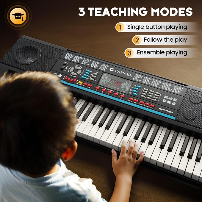 CAHAYA 61 Key Keyboard Piano – Electric Piano Set for Beginners with Stand & Stool, Microphone, Built-In Speakers, 128 Sounds & 128 Rhythms, Portable Electronic Keyboard