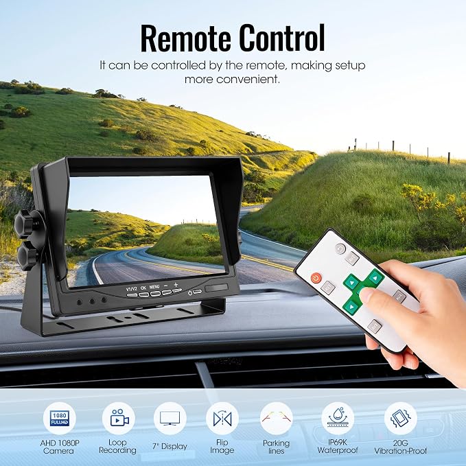 7" AHD1080P Wired Backup Camera System, DVR Rear View Camera, IP69 Waterproof IR Night Vision, 20G Vibration-Proof for Trailer/Tractor/Truck/Combine/Caravan/Skid Steer/Heavy Equipment/UTV, Y6