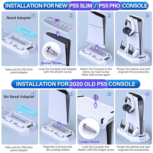 PS5/Slim/Pro Cooling Station for PlayStation 5 Console Disc/Digital Edition - PS5 Slim Pro Cooling Stand with Controller Charging Station Accessories-Cooler Fan/Headset Holder/3 USB Hub, White