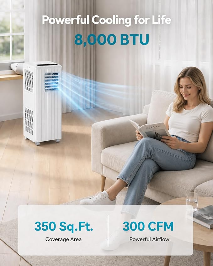 8000 BTU Portable Air Conditioners, 4-in-1 Portable AC with Cooling, Dehumidifying & Fan Functions, Sleep Mode, 24-Hour Timer, Remote Control and Easy Installation, for Office