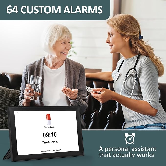 10.1" Touchscreen Digital Clock Large Display, Dementia Clocks for Seniors Custom 64 Alarms and Reminders, Auto DST, Auto-Dimming, Digital Alarm Clock with Day and Date for Elderly(Black)