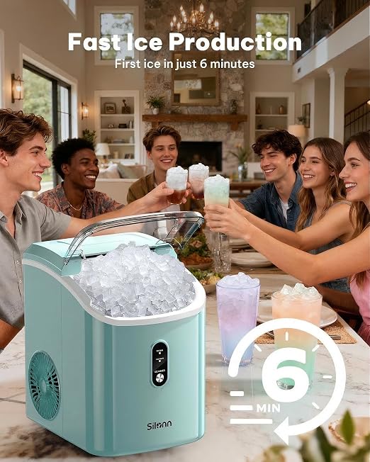 Silonn Nugget Ice Maker Countertop, Chewable Pellet Ice Machine with Self-Cleaning, Portable Pebble Ice Maker with Ice Scoop for Home, Kitchen & Office, Green