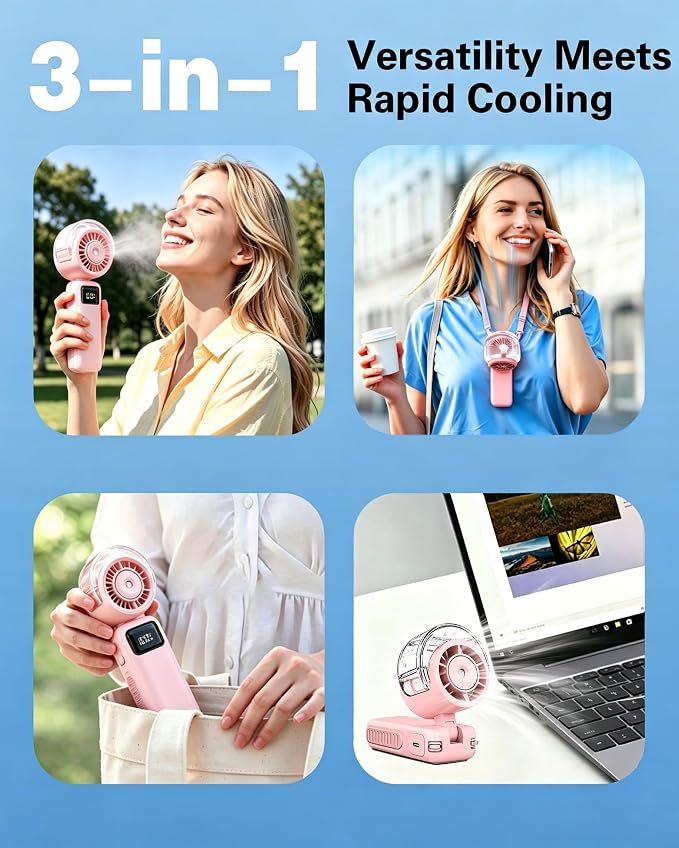 Portable Handheld Misting Fan Foldable, 6000mAh USB Rechargeable Personal Cooling Fan,5 Speed Mini Water Spray Fan,3 in 1 Hand/Desk/Neck Turbo Mist Fans for Home Outdoor Travel Beach Camping (pink)