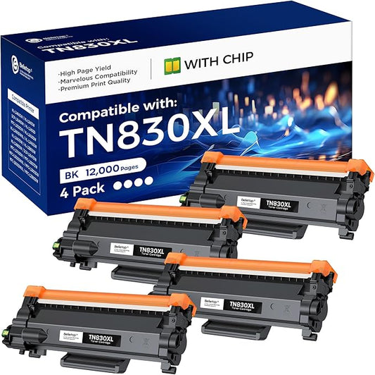 Compatible TN830XL Toner Cartridge High Yield Replacement for Brother TN830 TN-830 TN830 XL TN-830XL use with HL-L2460DW DCP-L2640DW HL-L2405W MFC-L2820DW HL-L2480DW Printer (4 PK 12000 Pages)