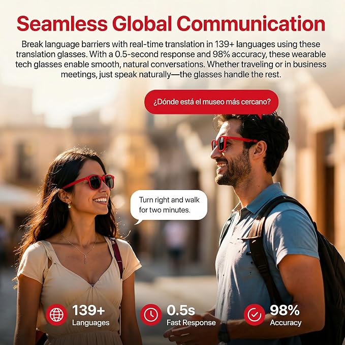 Smart Glasses with Open-Ear Audio & ENC Noise Reduction, 2026 AI Glasses with 8MP Camera, 139 Languages Real-Time Translator, ChatGPT Voice Assistant, UV & Blue Light Blocking for Men Women Daily