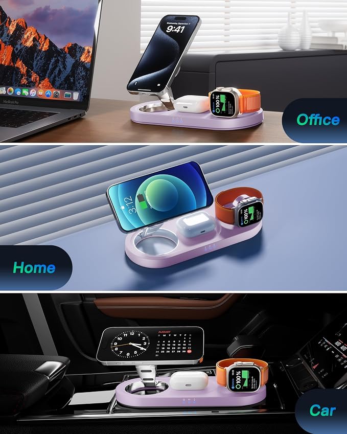 Upgraded 3 in 1 Wireless Charging Station for Apple Devices, Faster Mag-Safe Charger Stand, Magnetic Charger Station for iPhone 17/16/15/14/13/12 Series & AirPods Pro & Apple Watch Series (Purple)