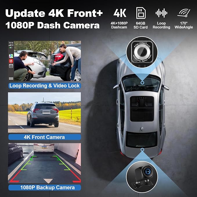 9'' Wireless CarPlay Screen for Car, Apple Car Play & Android Auto Car Stereo HD Touchscreen with 4K Dash Cam & 1080P Backup Camera, GPS Navigation & Mirror Link, for Most Vehicles