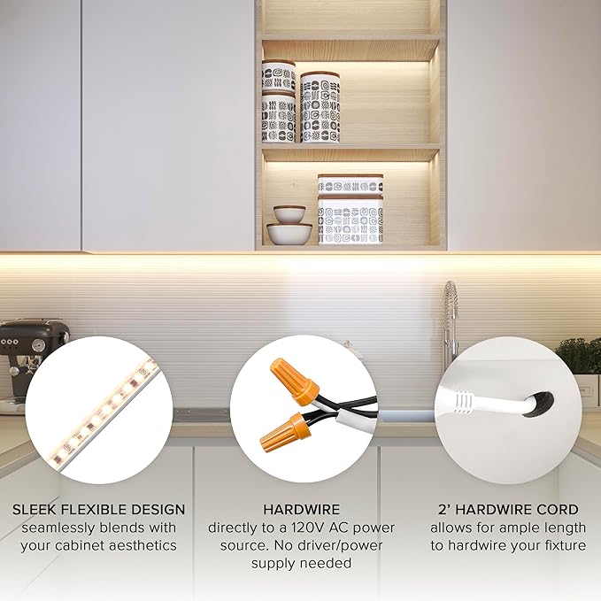 Maxxima 48 in. Hardwired LED Under Cabinet Strip Light, 1840 Lumens, 3000K Warm White, Kitchen and Living Room 120V White Cove Lighting, No Power Supply Needed