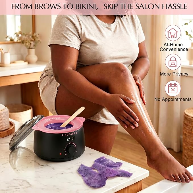 GIRLEARLE Black and Pink Digital Waxing Kit for Women and Men Sensitive Skin, Nose&Ear Wax Kit Hair Removal at Home with Wax Beads & Silicone Pot, Target Different Types of Brazilian Bikini, Facial