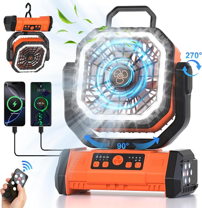 Honesorn Portable Rechargeable Fan 20000mAh, Camping Fan with LED Light & Remote, USB C Cordless Battery Powered, 4 Speeds Timer Hanging Hook for Travel Tent Outdoor Essentials - Orange