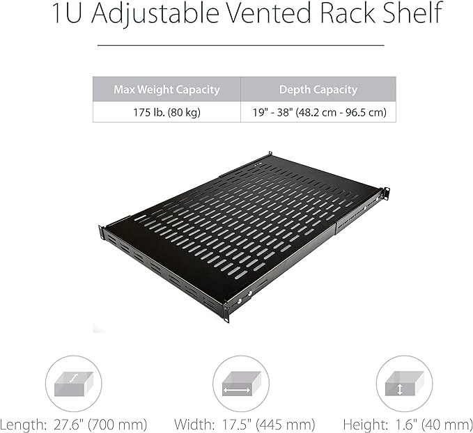 StarTech.com 1U Adjustable Vented Server Rack Mount Shelf - 175lbs - 19.5 to 38in Adjustable Mounting Depth Universal Tray for 19" AV/ Network Equipment Rack - 27.5in Deep , TAA (ADJSHELF)